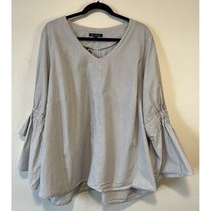 New Leaf Embroidered Back Bell Sleeve Top Size 2X Pinstripe V-Neck Boho